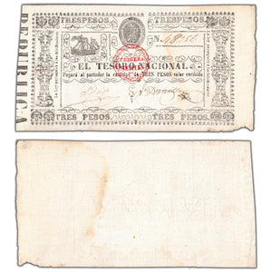 Paraguay El Tesoro Nacional 1868 3 Pesos Note P #31