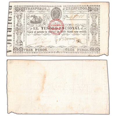 Paraguay El Tesoro Nacional 1868 3 Pesos Note P #31