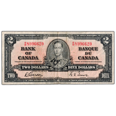 $2 1937 Bank of Canada Note Gordon-Towers R/B Prefix BC-22b - F/VF
