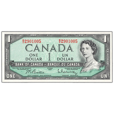 $1 1954 Bank of Canada Note Beattie-Rasminsky M/Z Prefix BC-37b-i - AU-58