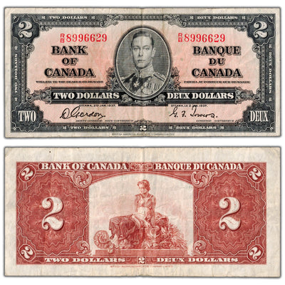 $2 1937 Bank of Canada Note Gordon-Towers R/B Prefix BC-22b - F/VF