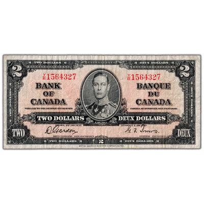 SOLD $2 1937 Bank of Canada Note Gordon-Towers Y/B Prefix BC-22b - Fine (tear)