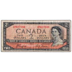 $2 1954 Bank of Canada Note Devil Face A/B Prefix BC-30a - VG