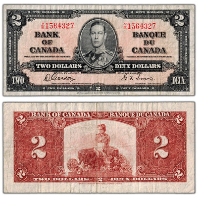 SOLD $2 1937 Bank of Canada Note Gordon-Towers Y/B Prefix BC-22b - Fine (tear)