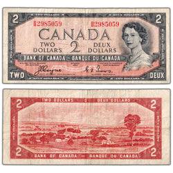 $2 1954 Bank of Canada Note Devil Face B/B Prefix BC-30a - Fine