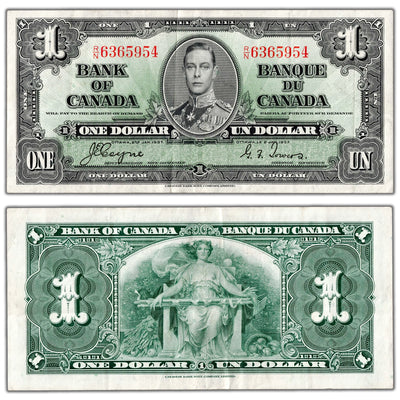 $1 1937 Bank of Canada Note Coyne-Towers R/N Prefix BC-21d - VF/EF
