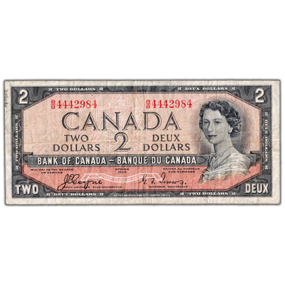$2 1954 Bank of Canada Note Devil Face B/B Prefix BC-30a - Fine+