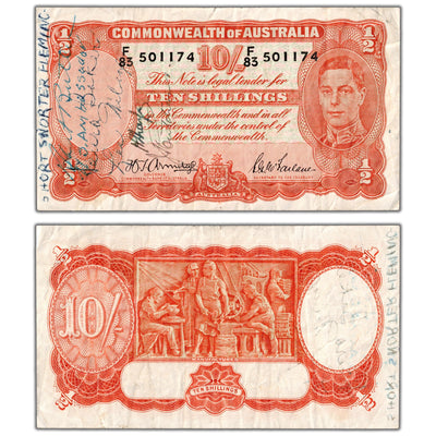 Australia ND (1939-52) 10 Ten Shillings Note P #25b - Short Snorter