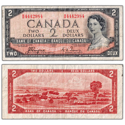 $2 1954 Bank of Canada Note Devil Face B/B Prefix BC-30a - Fine+