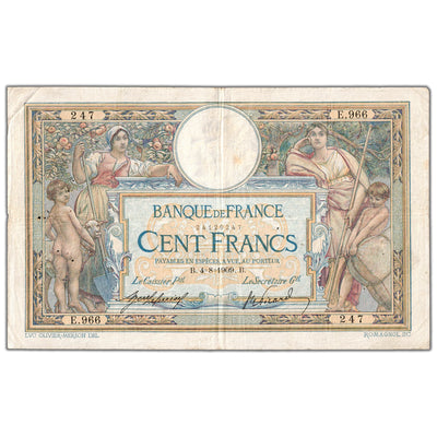 France 1909 100 Francs Note P #69 - Many Pinholes