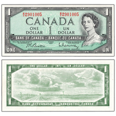 $1 1954 Bank of Canada Note Beattie-Rasminsky M/Z Prefix BC-37b-i - AU-58