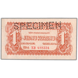 SOLD Czechoslovakia 1944 1 One Korun Specimen Note P #45s - AU/UNC