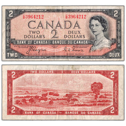 $2 1954 Bank of Canada Note Devil Face C/B Prefix BC-30a - F/VF