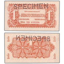 SOLD Czechoslovakia 1944 1 One Korun Specimen Note P #45s - AU/UNC