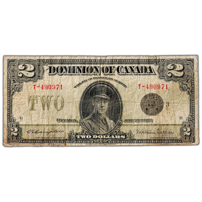 SOLD $2 1923 Dominion of Canada Note Black Seal Series T DC-26j - VG