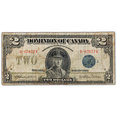SOLD $2 1923 Dominion of Canada Note Blue Seal Series S DC-26i - VG