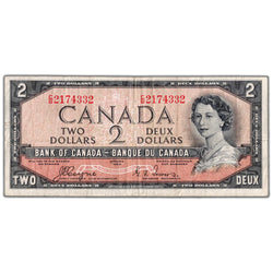 $2 1954 Bank of Canada Note Devil Face C/B Prefix BC-30a - F/VF