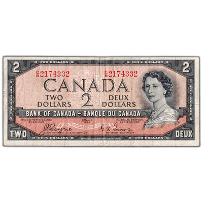 $2 1954 Bank of Canada Note Devil Face C/B Prefix BC-30a - F/VF