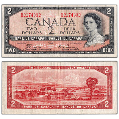 $2 1954 Bank of Canada Note Devil Face C/B Prefix BC-30a - F/VF