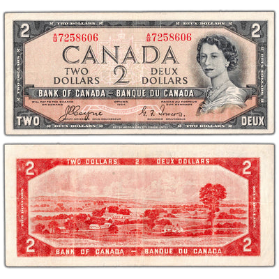 $2 1954 Bank of Canada Note Devil Face A/B Prefix BC-30a - F/VF