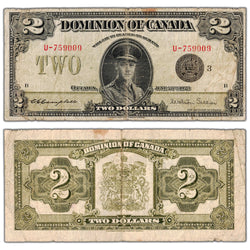 SOLD $2 1923 Dominion of Canada Note Black Seal Series U DC-26j -Fine