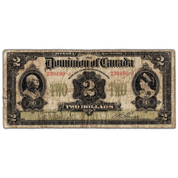 SOLD $2 1914 Dominion of Canada Note No Seal Curved Line Series J DC-22a-i - Circulated