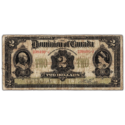 SOLD $2 1914 Dominion of Canada Note No Seal Curved Line Series J DC-22a-i - Circulated