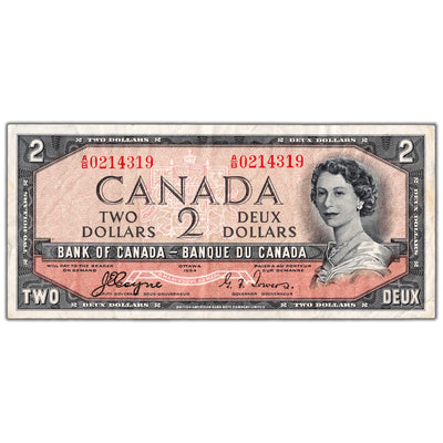 $2 1954 Bank of Canada Note Devil Face A/B Prefix BC-30a - VF