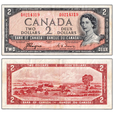 $2 1954 Bank of Canada Note Devil Face A/B Prefix BC-30a - VF