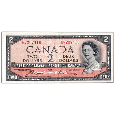 $2 1954 Bank of Canada Note Devil Face C/B Prefix BC-30a - VF/EF