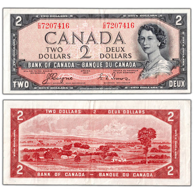 $2 1954 Bank of Canada Note Devil Face C/B Prefix BC-30a - VF/EF