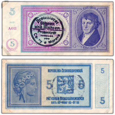 SOLD Bohemia & Moravia ND (1939) 5 Korun Note P #2a - Tape