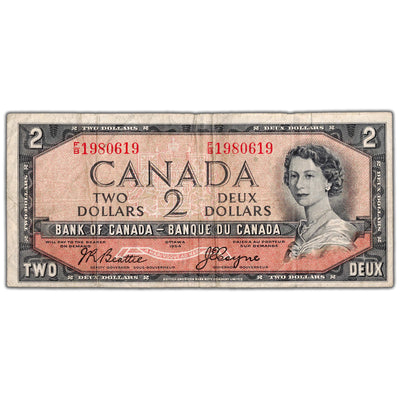 $2 1954 Bank of Canada Note Devil Face F/B Prefix BC-30b - Fine
