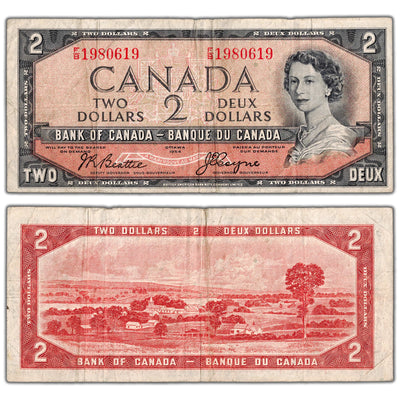 $2 1954 Bank of Canada Note Devil Face F/B Prefix BC-30b - Fine