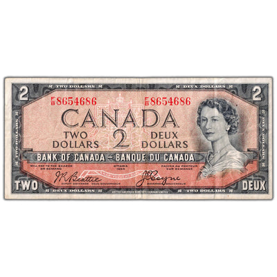 $2 1954 Bank of Canada Note Devil Face F/B Prefix BC-30b - F/VF