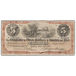 Peru Compania de Obras Publicas Y Fomento Del Peru 1876 5 Soles Note P #S445a - Filler&nbsp;Peru Compania de Obras Publicas Y Fomento Del Peru 1876 5 Soles Note P #S445a - Filler