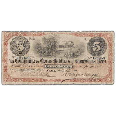 Peru Compania de Obras Publicas Y Fomento Del Peru 1876 5 Soles Note P #S445a - Filler&nbsp;Peru Compania de Obras Publicas Y Fomento Del Peru 1876 5 Soles Note P #S445a - Filler