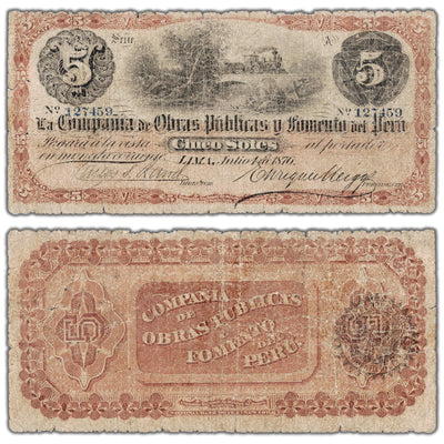 Peru Compania de Obras Publicas Y Fomento Del Peru 1876 5 Soles Note P #S445a - Filler&nbsp;Peru Compania de Obras Publicas Y Fomento Del Peru 1876 5 Soles Note P #S445a - Filler