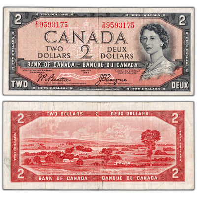 $2 1954 Bank of Canada Note Devil Face D/B Changeover Prefix BC-30b - F/VF