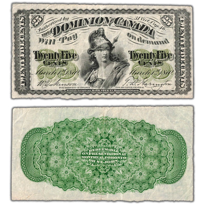 25 Cents 1870 Dominion of Canada Shinplaster Note Large 'B' DC-1b - VF