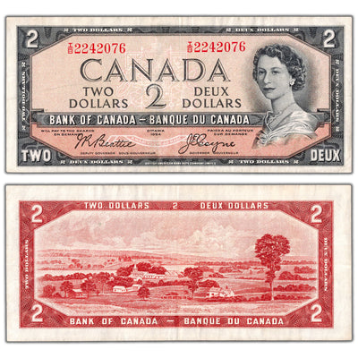$2 1954 Bank of Canada Note Devil Face I/B Short Run Prefix BC-30b - VF/EF