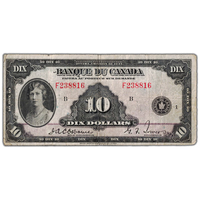 SOLD $10 1935 Banque du Canada Note French Text BC-8 - Faded Back