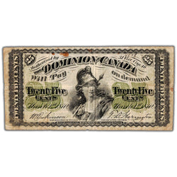 25 Cents 1870 Dominion of Canada Shinplaster Note Plain DC-1c - Fine (rust)