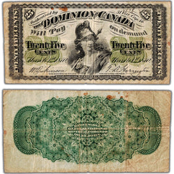 25 Cents 1870 Dominion of Canada Shinplaster Note Plain DC-1c - Fine (rust)