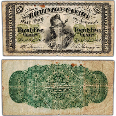 25 Cents 1870 Dominion of Canada Shinplaster Note Plain DC-1c - Fine (rust)