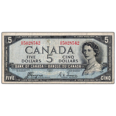 $5 1954 Bank of Canada Note Devil Face C/C Changeover Prefix BC-31a - Fine