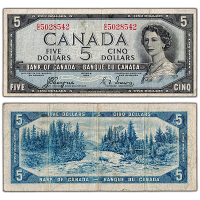$5 1954 Bank of Canada Note Devil Face C/C Changeover Prefix BC-31a - Fine