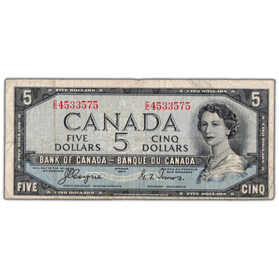$5 1954 Bank of Canada Note Devil Face C/C Changeover Prefix BC-31a - Fine
