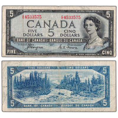 $5 1954 Bank of Canada Note Devil Face C/C Changeover Prefix BC-31a - Fine