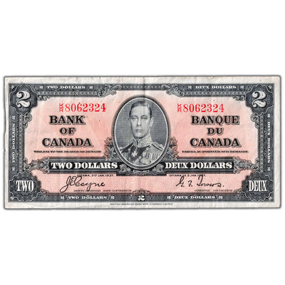 $2 1937 Bank of Canada Note Coyne-Towers K/R Prefix BC-22c - VF (pinholes)